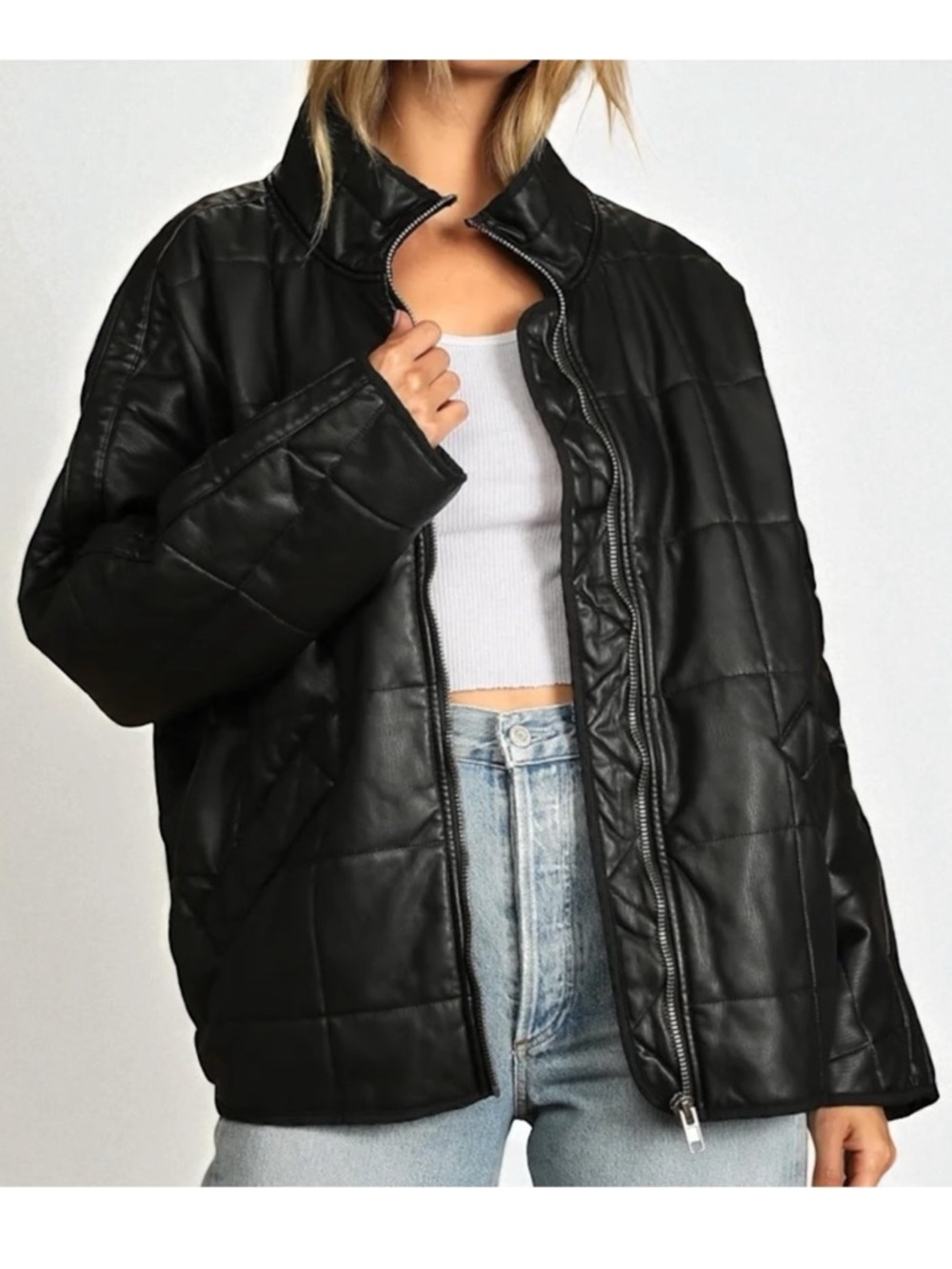NWOT FREE PEOPLE Dolman Black Vegan Leather Quilted Jacket L